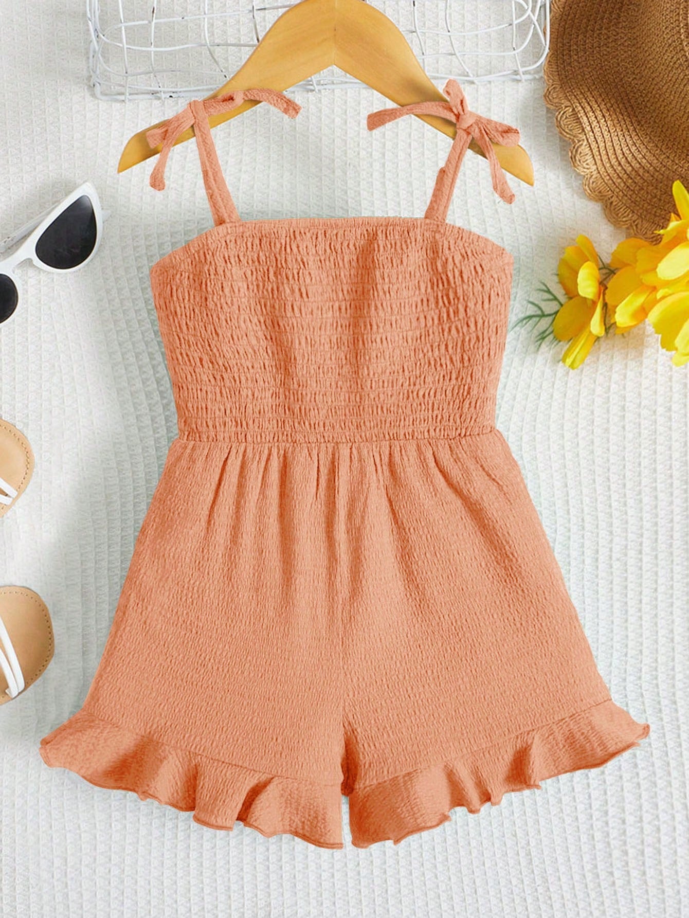 Young Girl Toddler Girls Tie Shoulder Ruffle Hem Cami Romper