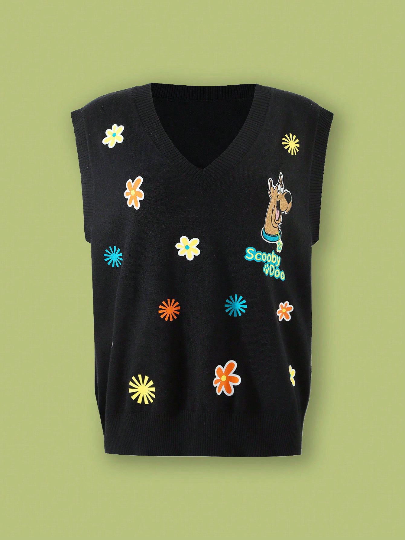 SCOOBY-DOO X Plus Size Autumn Vacation Dopamine Style Cute Flower Pattern Dog Embroidery Black Loose Sweater Vest