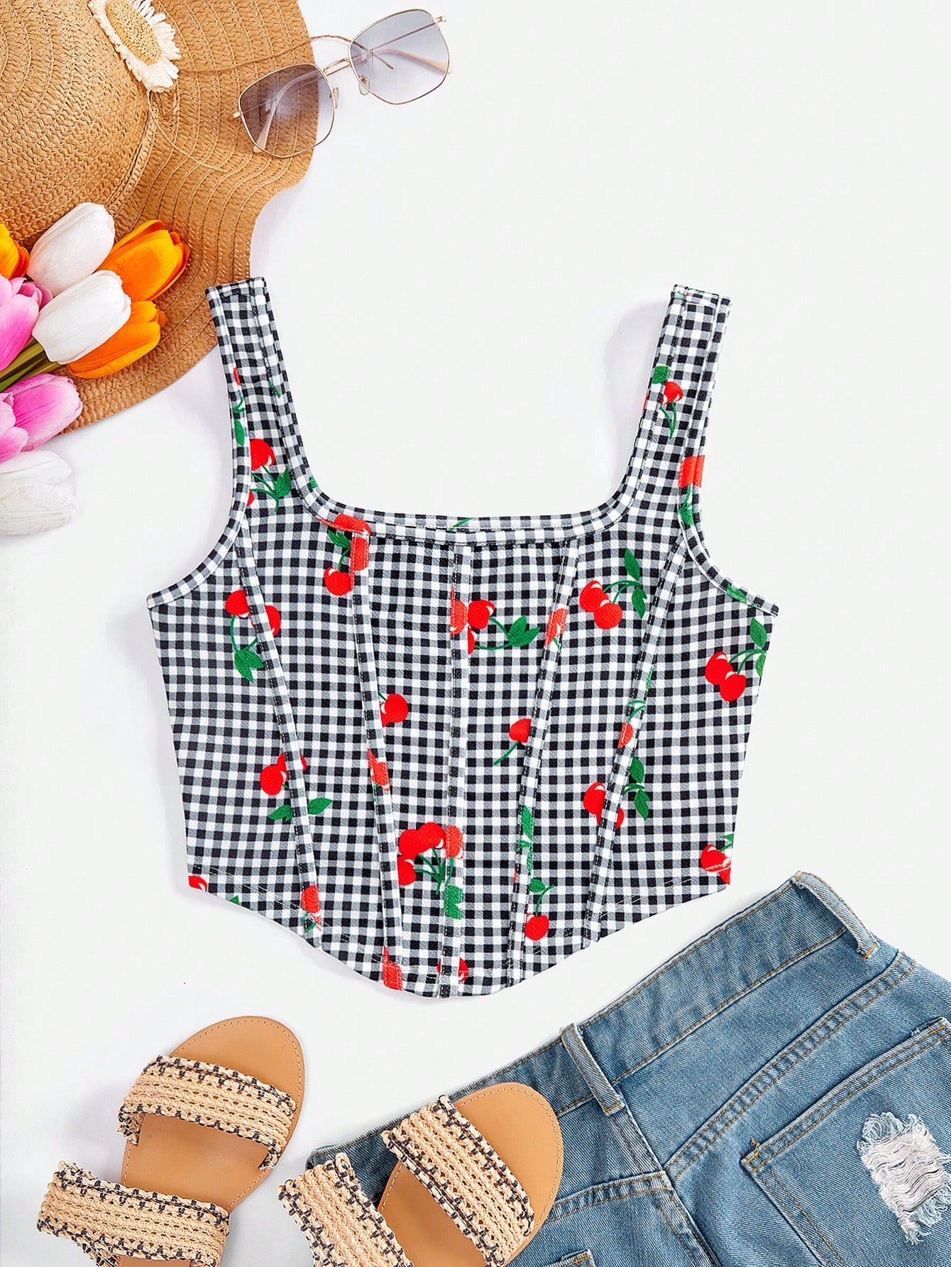 Vacation Style Knitted Cherry Printed Women's Tank Top