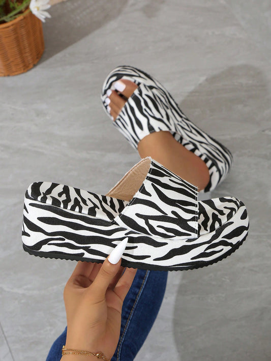 New Fairy Style Thick-Soled Platform Wedge Slippers Women, Zebra Pattern, Fashion Open-Toe Slide Sandals