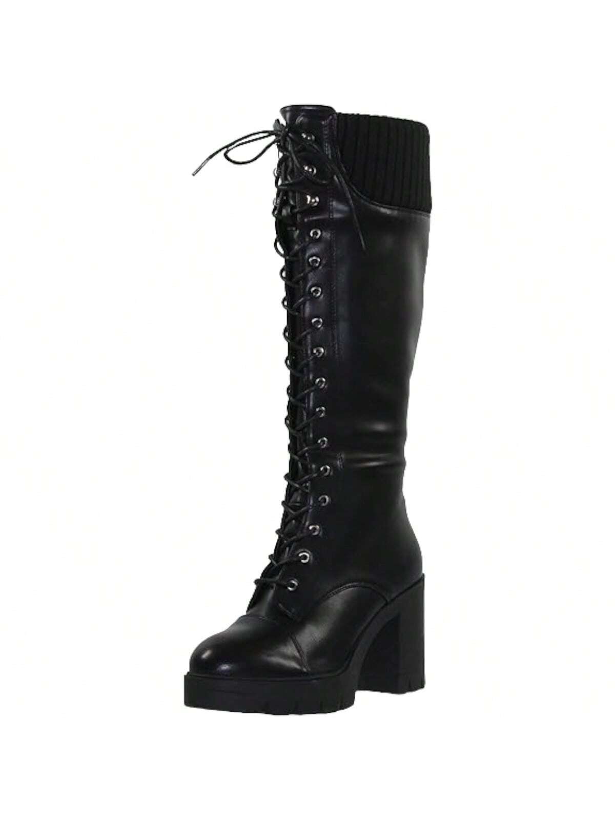 Women's Knee-High Combat Boots Lace-Up Block Heel Knit Cuffs Zipper Closure