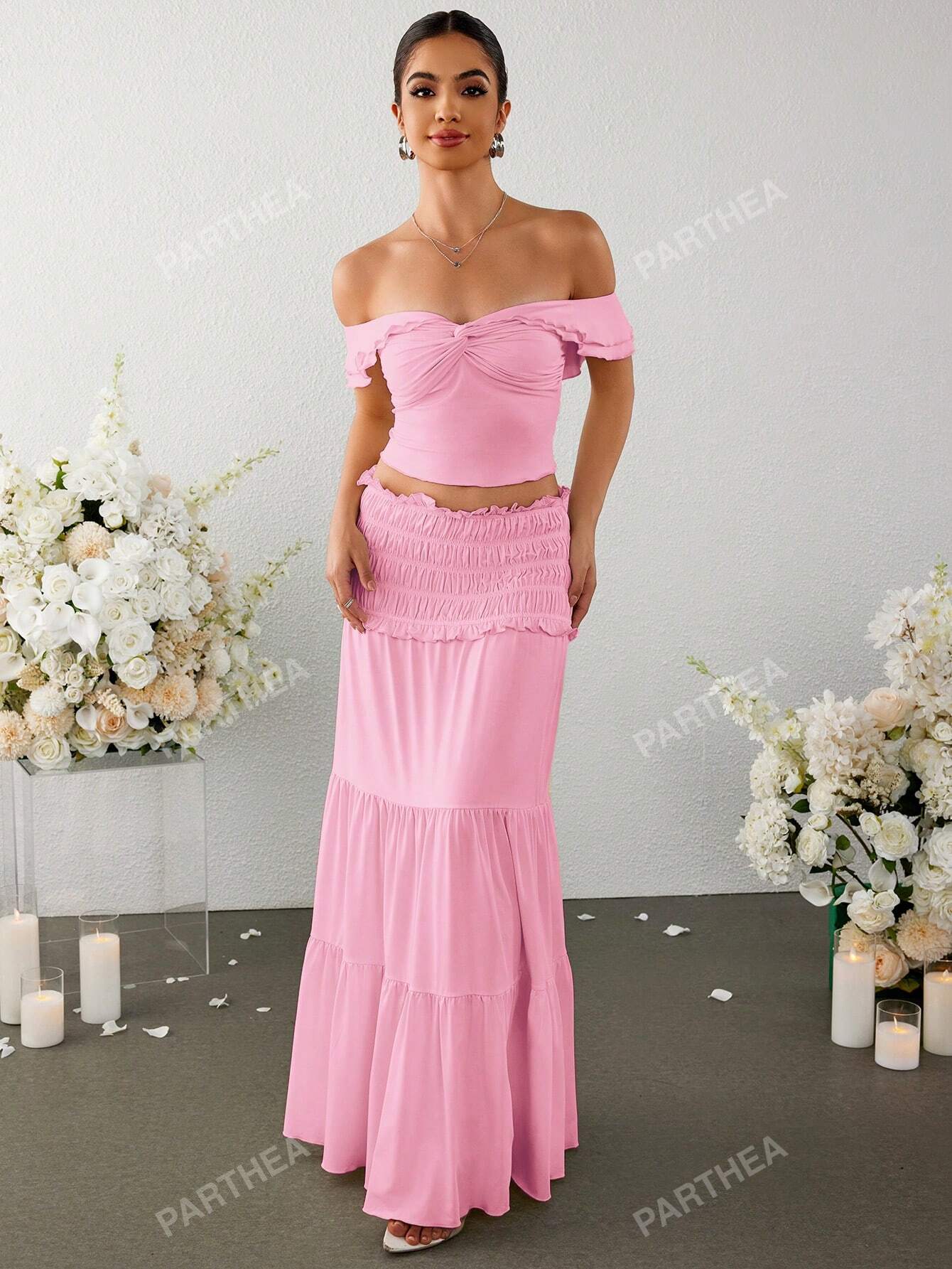 PARTHEA Off Shoulder Ruched Twist Fron Crop Top & Low Waist Ruffles Skirt Set