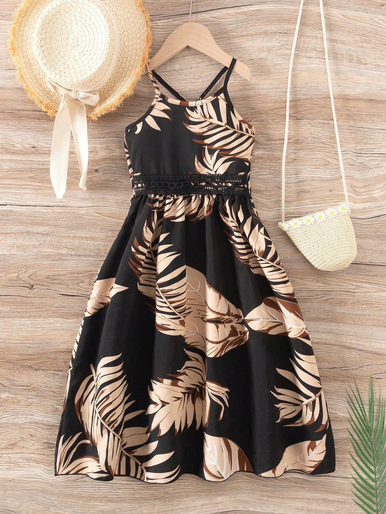 Young Girl's Tropical Print Contrast Lace Strap Dress For Vacation & Leisure