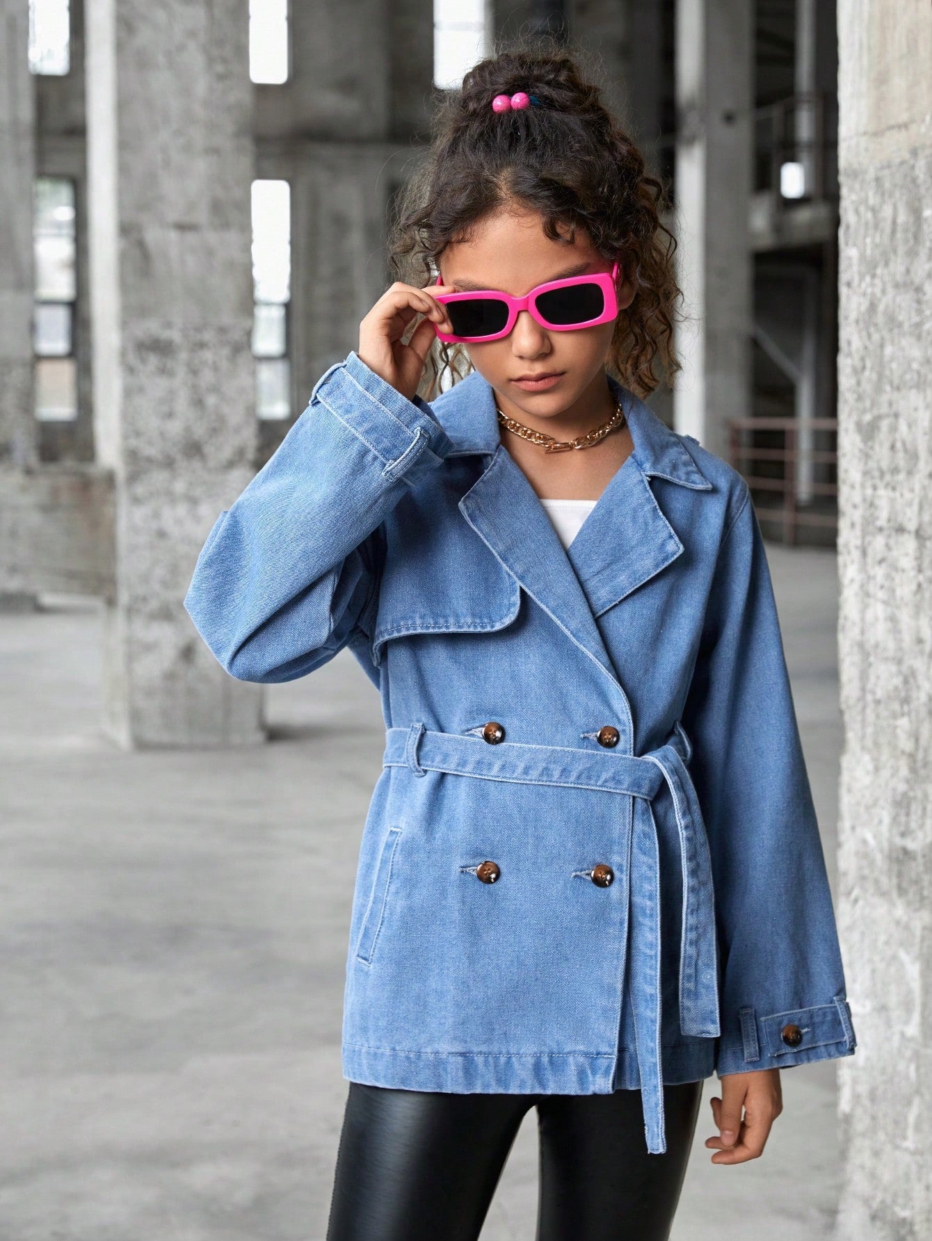 Streecool Kids Girls' Fashionable Denim Jacket With Suit Collar, Elegant And Graceful Look For Daily Wear