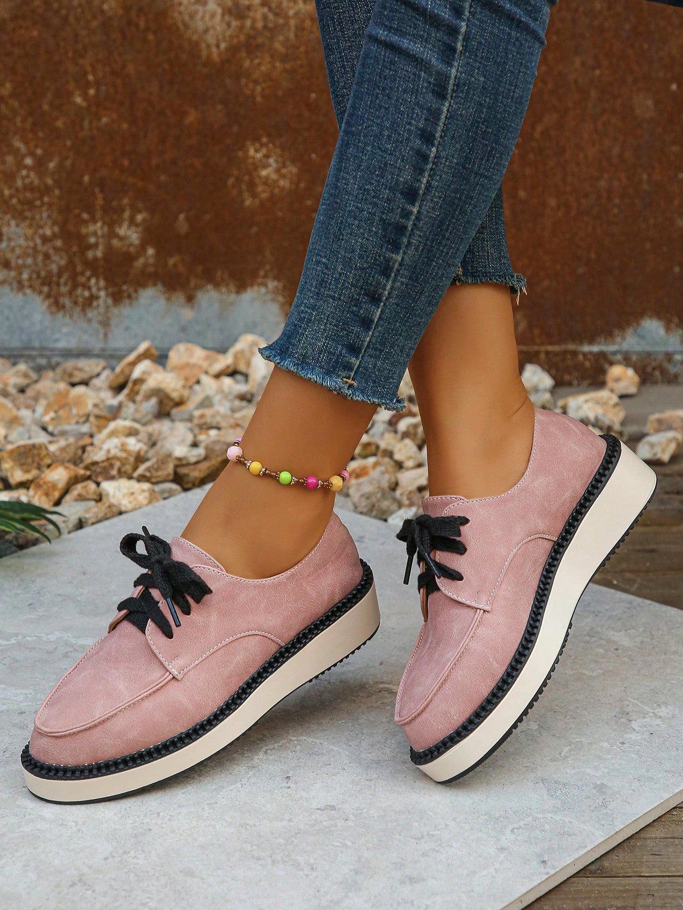 Women's Comfortable Anti-Slip Lace-Up Round Toe Wedge Heel Thick Sole Shoes, Casual Style, New Autumn Collection, Pink Color, Suitable For Everyday Wear, For Walking Outside, Student Shoes