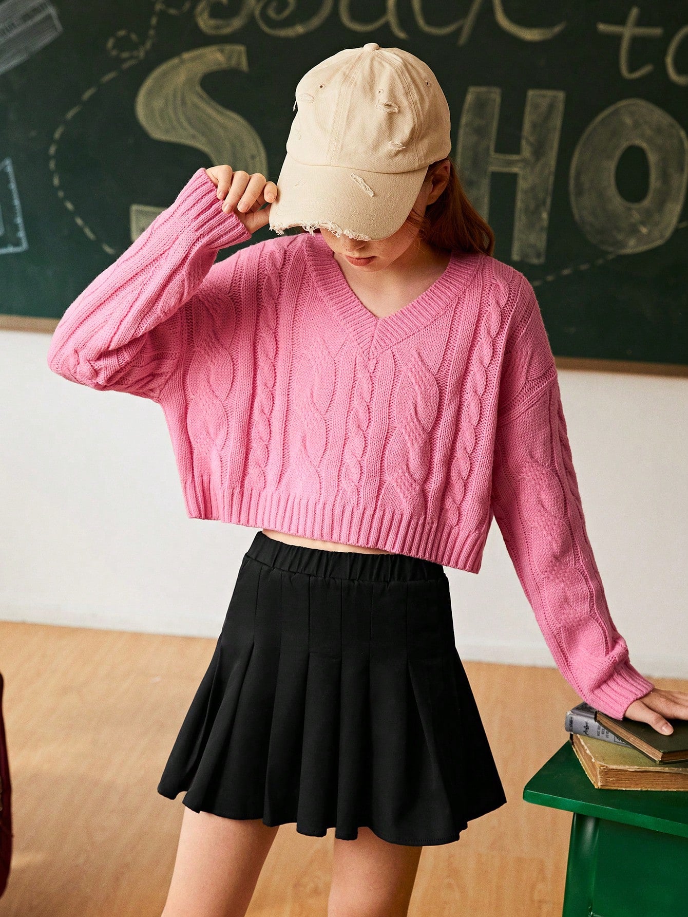 Girls' Loose Fit Pink Fashionable Simple Drop Shoulder Comfortable Knitted Sweater