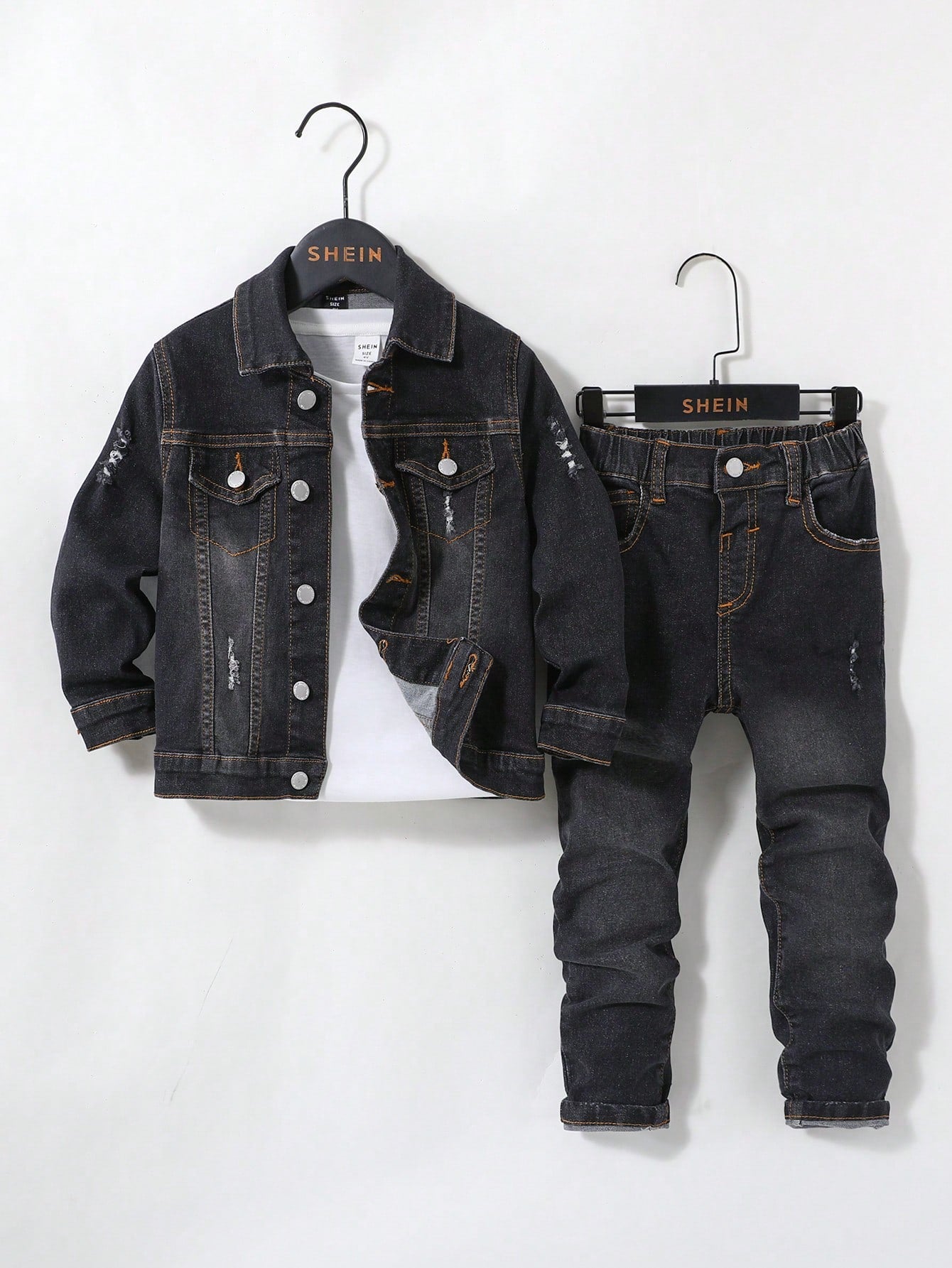 Young Boy 2pcs Casual Fashion Boys Clothes Black Comfortable Loose  Cut Out Ripped Frayed Design Long Sleeve Denim Top Coat Jacket And Stretchy Black Ripped Jeans For Dailywear And Back To School Clothes