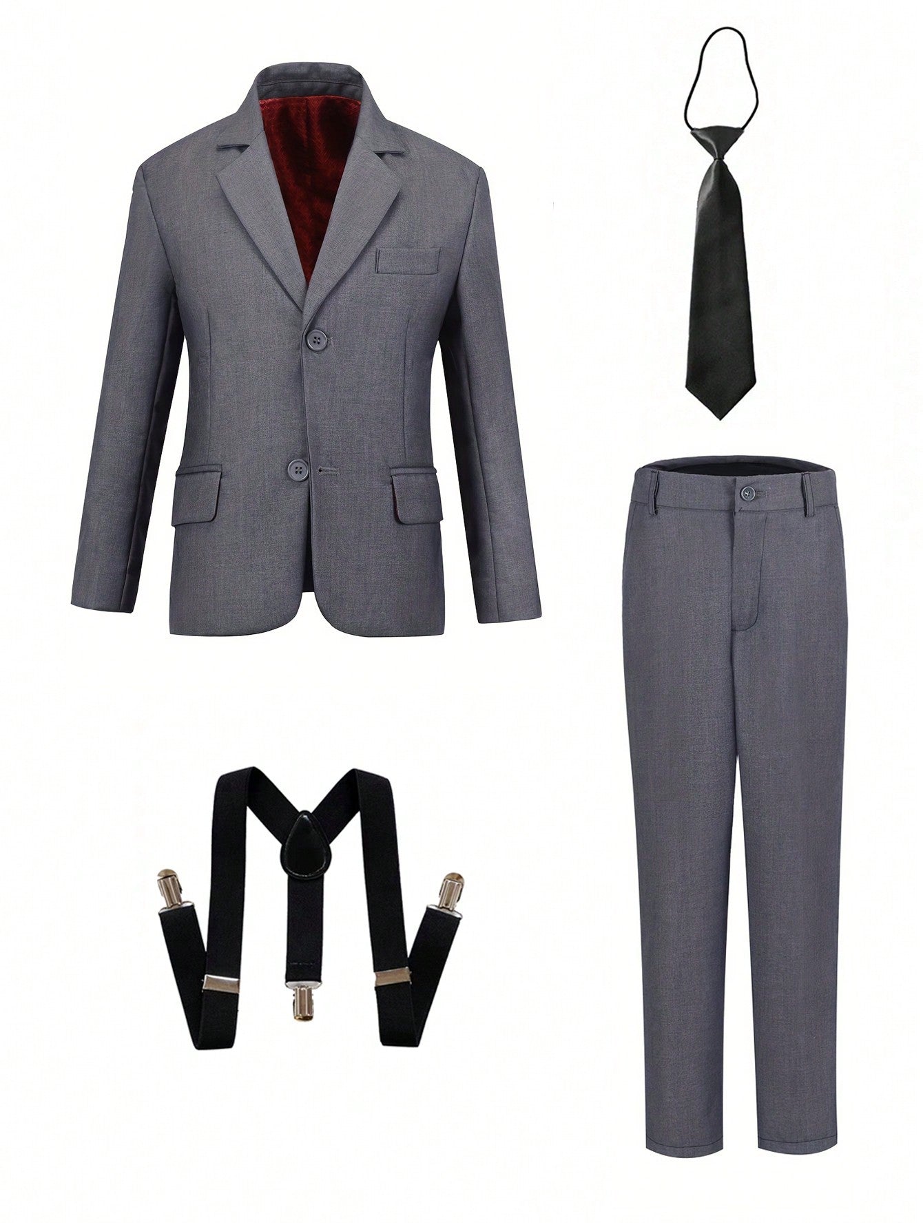 Back-To-School Season Tween Boy Gray Four-Piece Suit Set, Suit Jacket, Pants, Tie And Braces