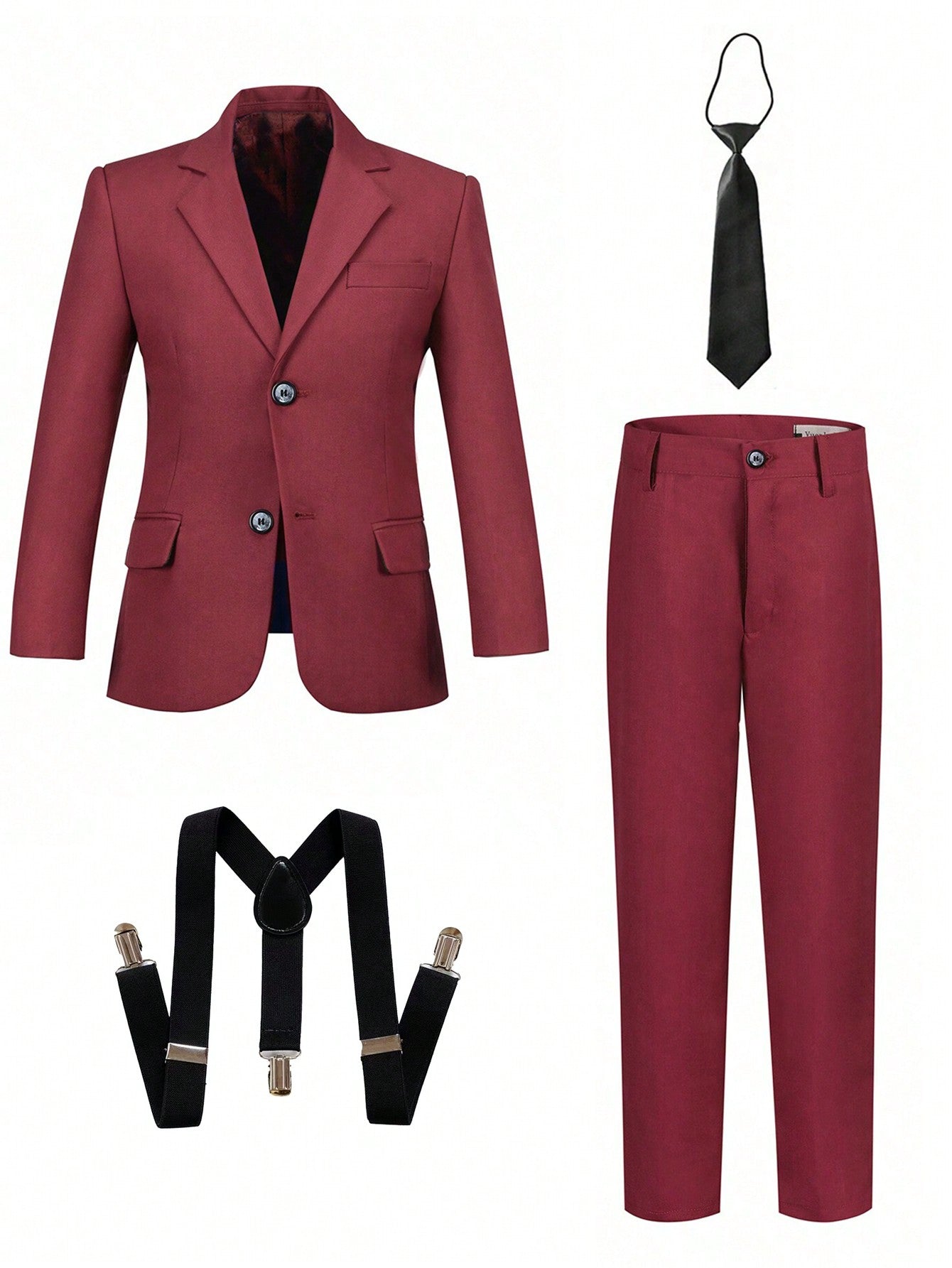 Boy's Wine Red Back-To-School Suit Four-Piece Set With Suit Pants, Necktie And Braces