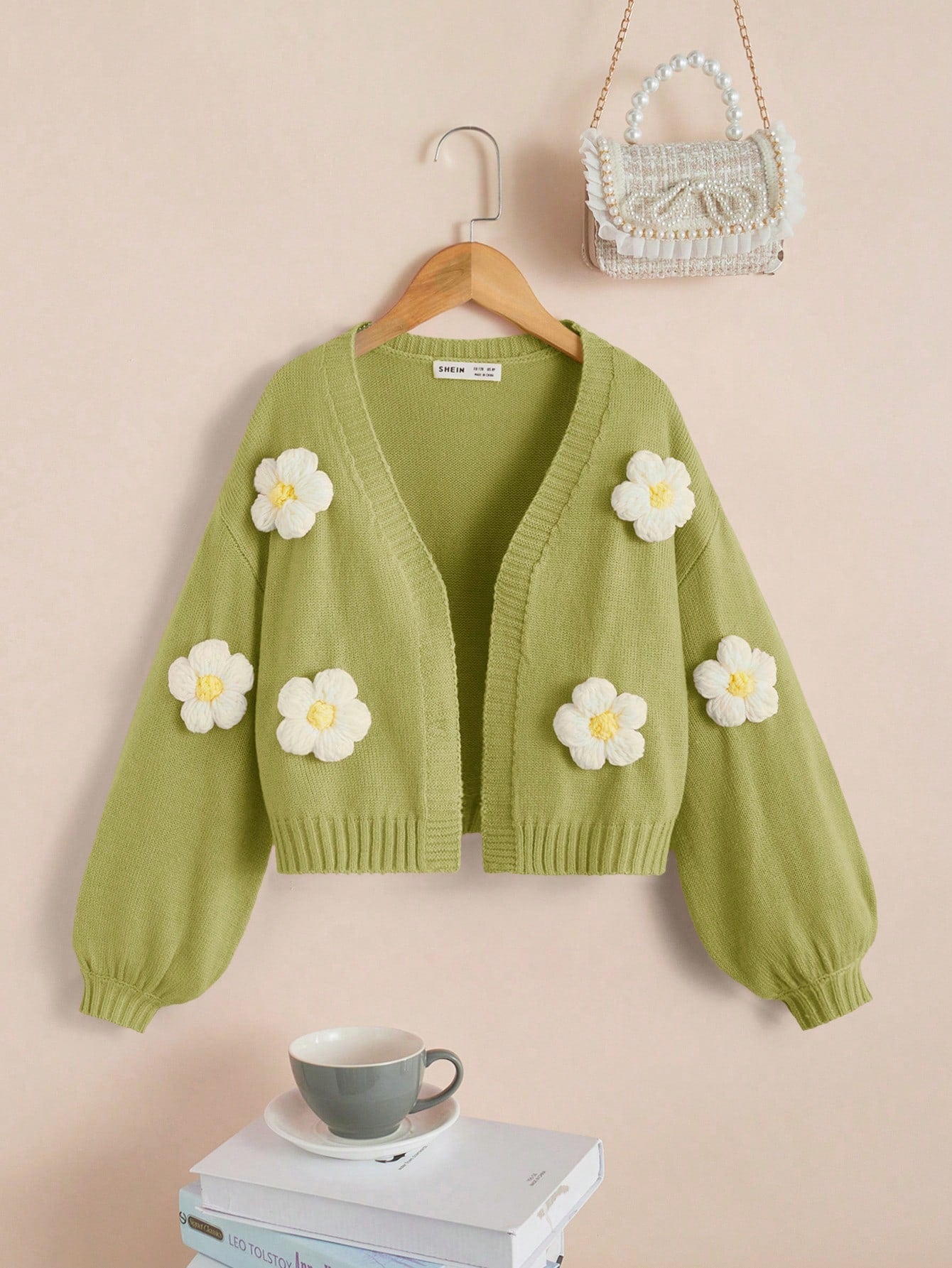 Tween Girl Stereo Flower Drop Shoulder Lantern Sleeve Cardigan