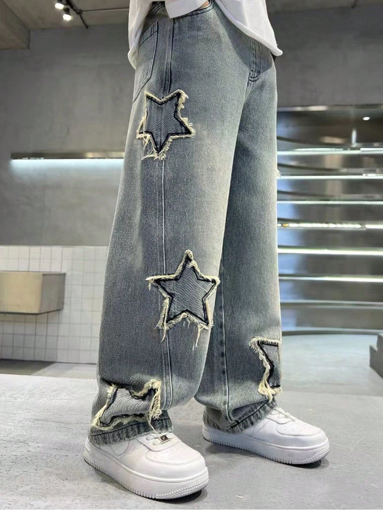 Teen Boy Straight Leg Distressed Denim Jeans, Fashionable Pentagram Flared Pants