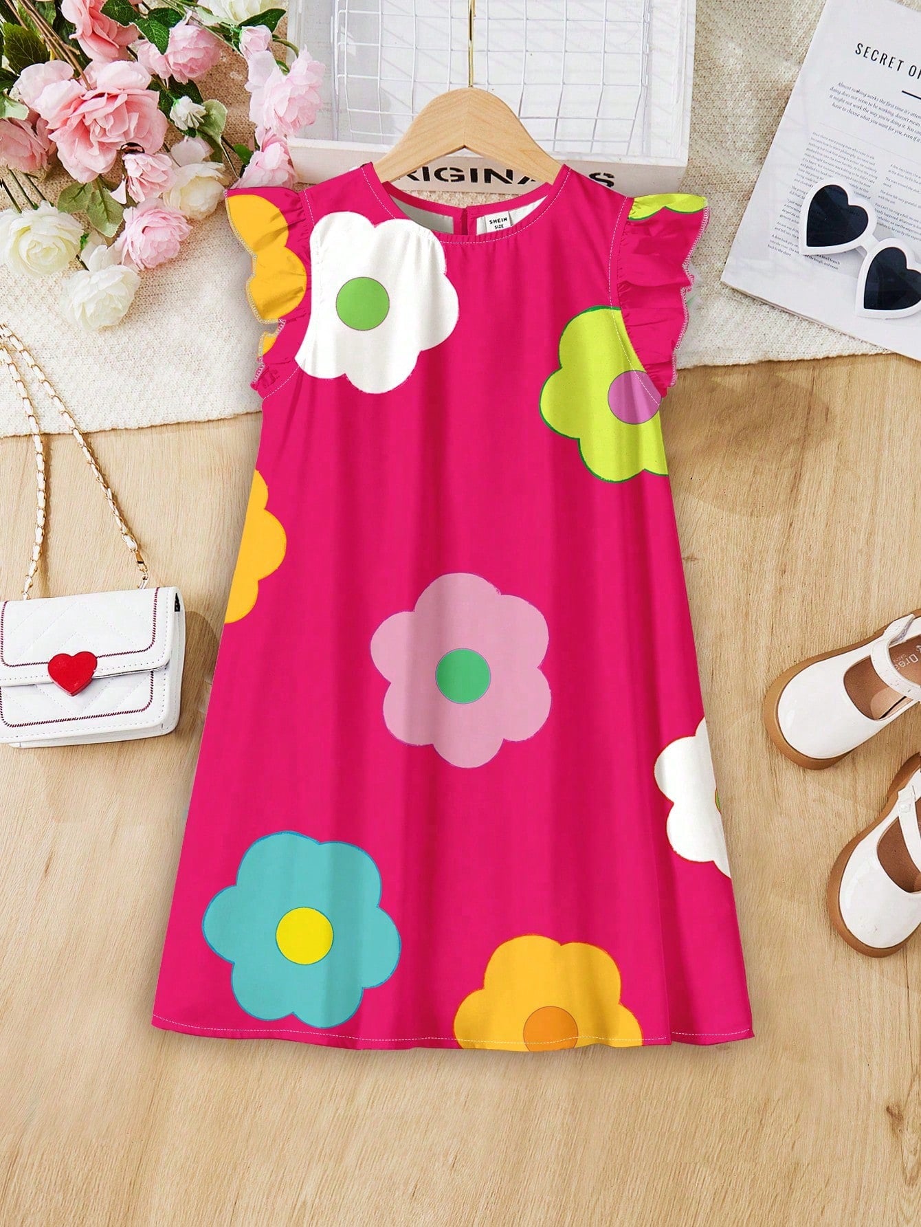 Tween Girl Casual Simple Cartoon Floral Print Ruffle Sleeve Dress Suitable For Summer