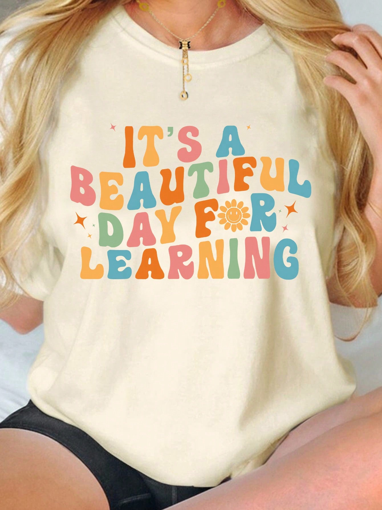 カジュアルミニマリストパターンラウンドネック半袖プラスサイズTシャツ、夏に最適、女性用 TEACHER TEACHER TEACHER TEACHER TEACHER