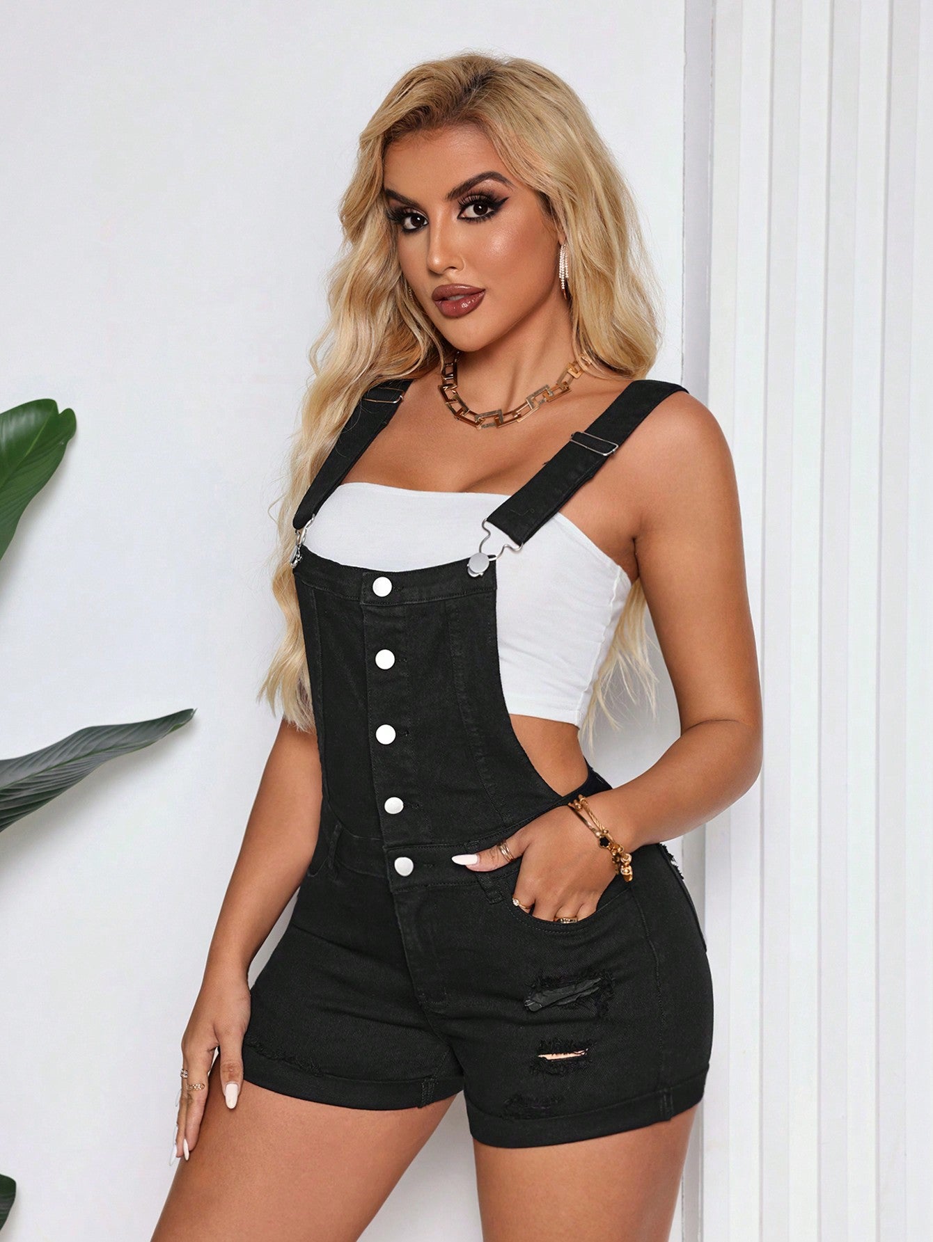 Ripped Button Front Denim Overall Romper Without Tube Top