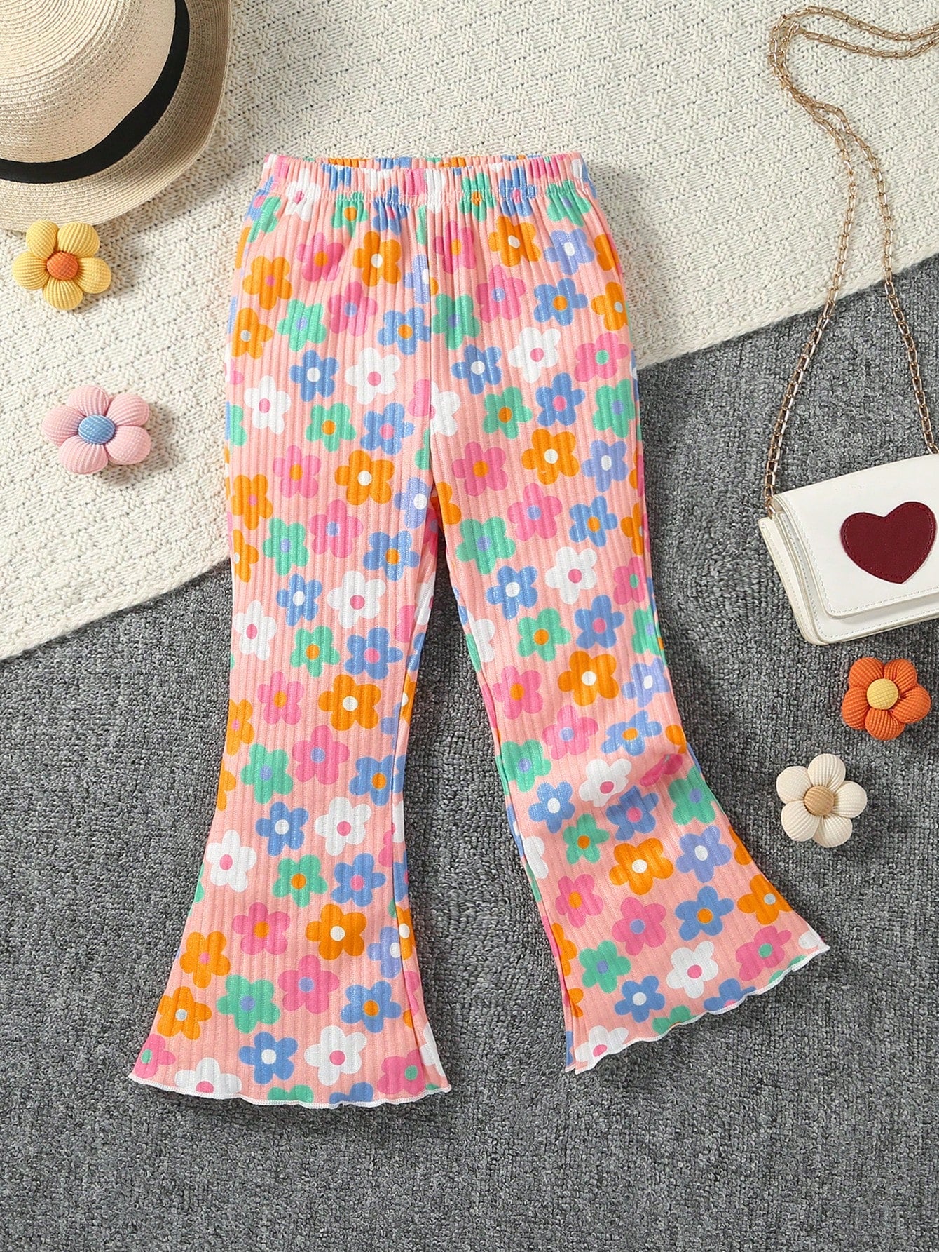 Young Girl Cartoon Flower Print Flare Pants