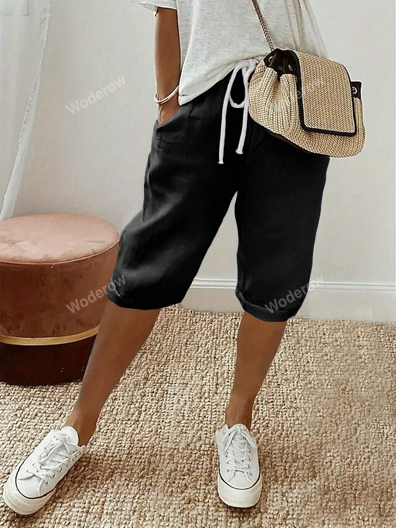 Women's Solid Color Drawstring Waist Pocketed Casual Bermuda Shorts