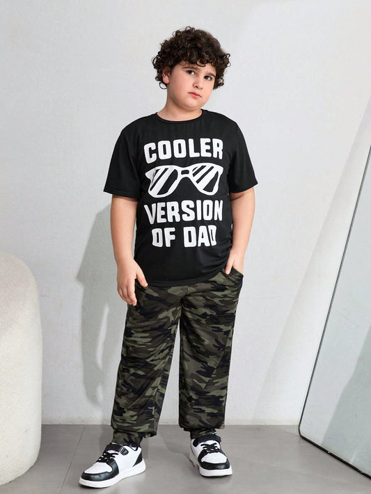 Tween Boys Extended Size Casual Letter Printed Short Sleeve T-Shirt And Camo Pants 2pcs Set