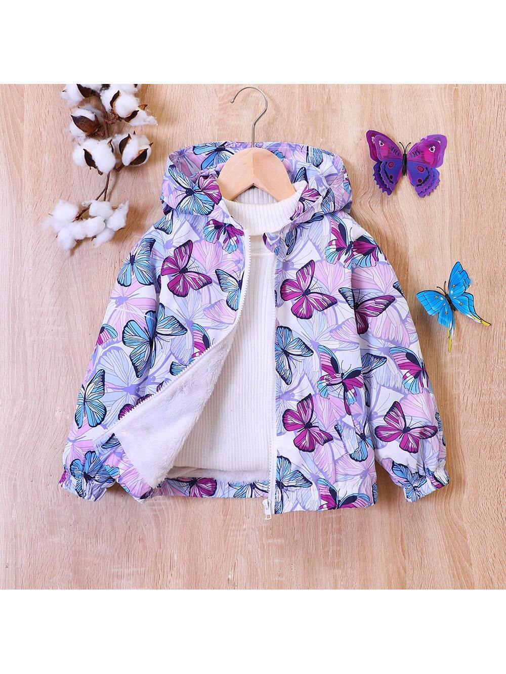 Girls' Thickened Plush Butterfly Pattern Hooded Zip-Up Jacket, Autumn/Winter