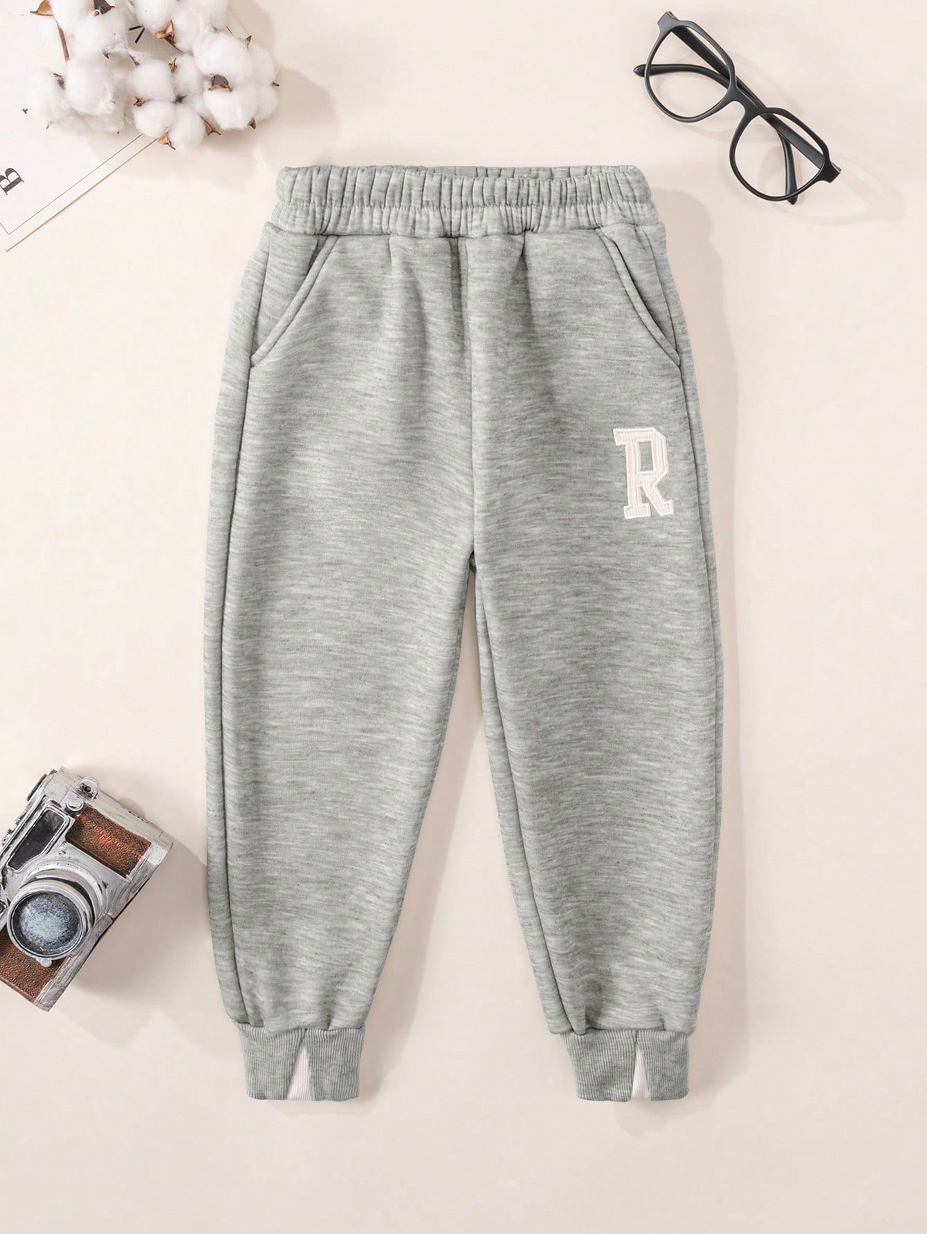 Young Kids' Casual Sportswear Set - Light Grey Hoodie & Pants With Embroidered Letter Pattern, Warm