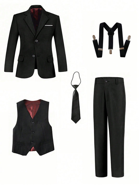 5pcs/Set Tween Boys Back To School Black Suit Jacket, Vest, Pants, Tie, Suspender