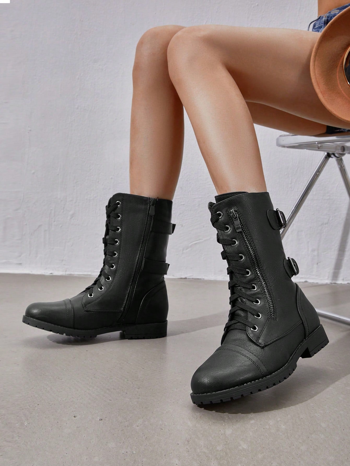 Women'S Combat Boots Lace Up  Black Mid Calf Built-In Wallet Pocket Boots