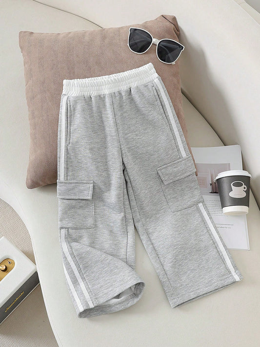 Girls' 2024 New Stylish Knitted Plain Flip Pocket Side Striped Cargo Pants, Single Shoulder, Elastic Waist, Casual, Versatile, Straight Wide-Leg Sports Pants, Spring