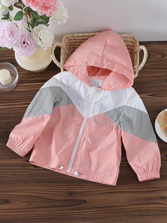 Young Girl Multi-Color Splicing Hooded Zippered Casual Windproof Jacket Suitable For Outdoor Travel And Vacation In Spring And Autumn College Back To School