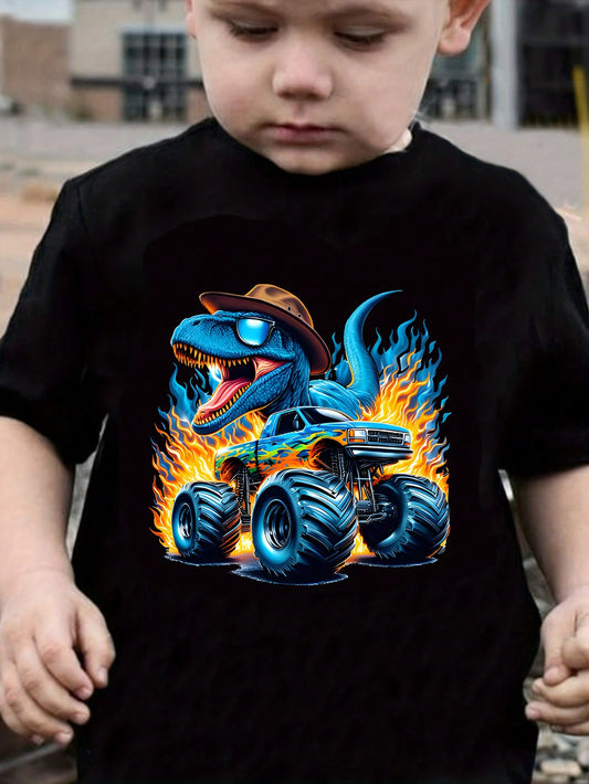 Young Boy Cartoon Tyrannosaurus Rex Flame Off-Road Vehicle Printed Short Sleeve T-Shirt