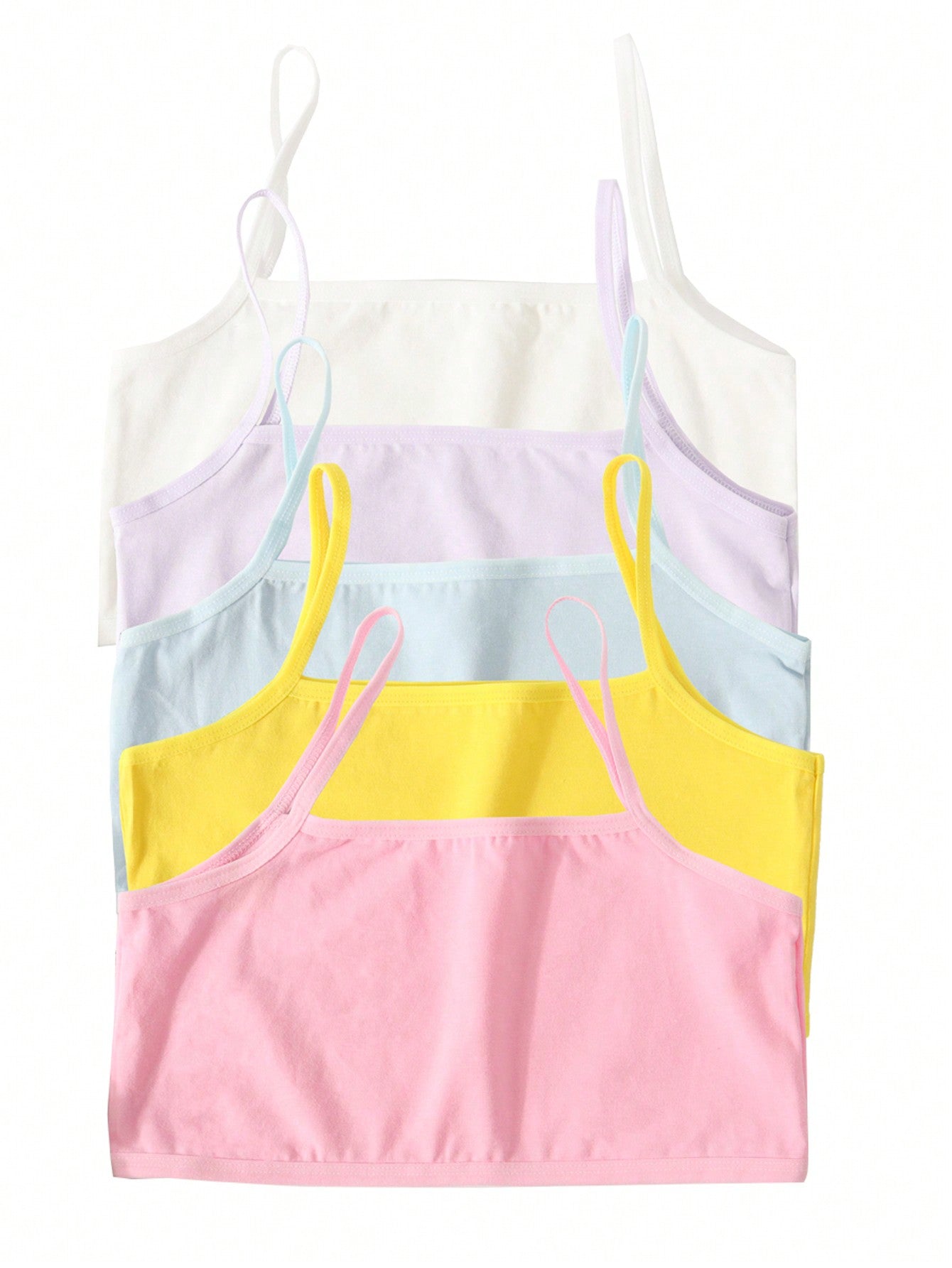 Set Of 5 Young Girls' Underwear Tops In Multiple Pastel Macaron Colors, Short Style Vest Top