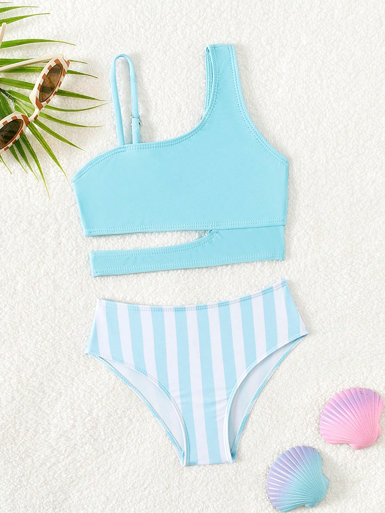 Young Girl Summer Beach Solid Color Hollow Vest Plus Striped Briefs Bikini Set