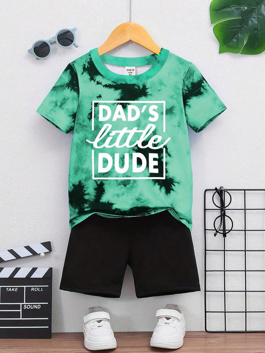 Toddler Boys' Casual Letter Printed Short Sleeve T-Shirt And Knee-Length Shorts Set, Simple And Leisure Style