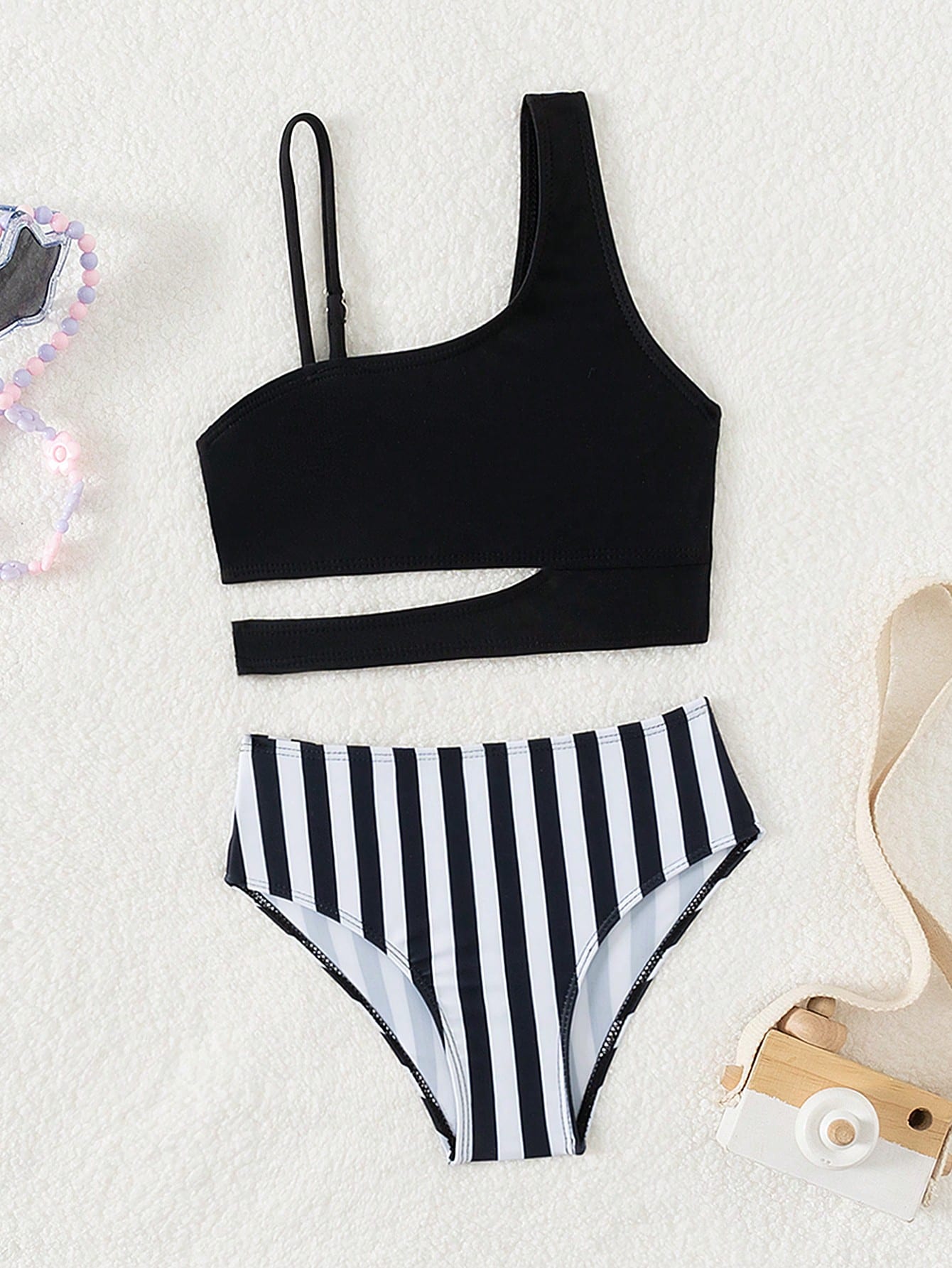 Young Girl Cute Striped Asymmetric Collar Sleeveless Swimsuit Set