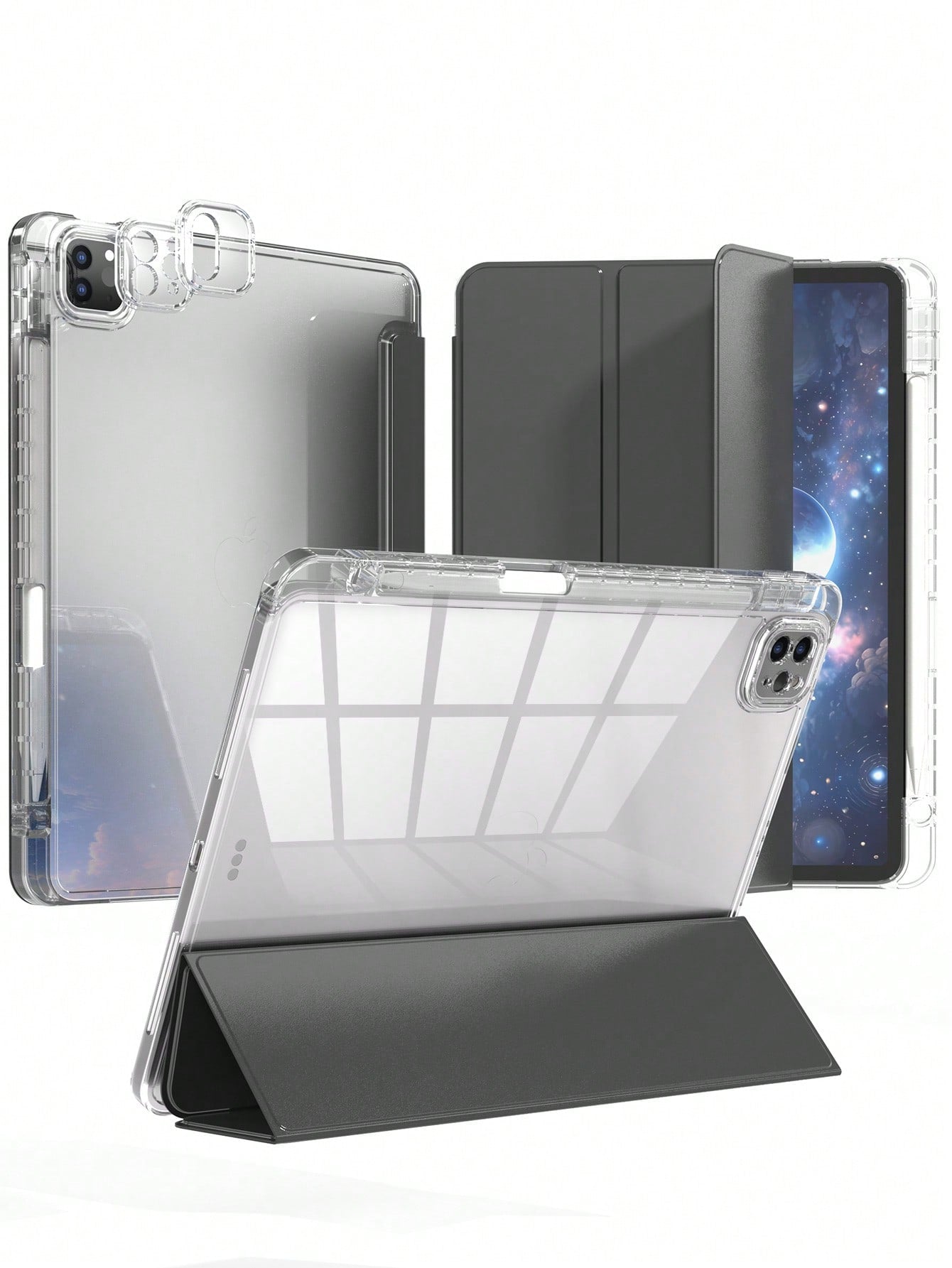 1pc Grey Tri-Fold Back Completely Transparent IPad Case, Shell Slim Stand Shockproof Anti Fall Pen Holder Anti-Fall Tablet Cover Compatible With Apple IPad Mini 4/5/6, 9.7/10.2/10.5 Inches, Air 4/5/6, 10th Gen, 10.9 Inches, Pro 11 Inches, Air 11(M2) , Air