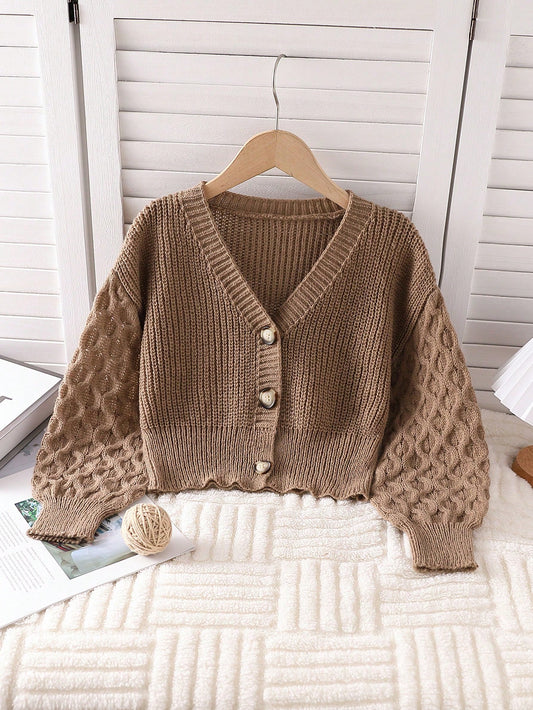 Tween Girls' Brown Solid Color Fashionable, Casual, Cute, Comfortable, Soft, Simple, Warm, Versatile, Elegant, , Long Sleeved Knitted Cardigan Sweater, Suitable For Home Wear, Daily Outings, Traveling, Parties, Suitable For Fall/Winter Season