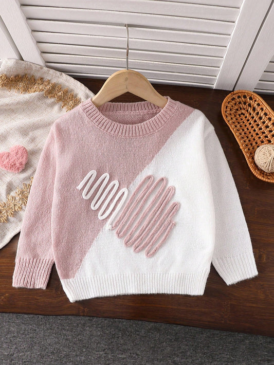 Young Girls Sweaters White & Pink Patchwork Irregular Heart Pattern Embellished Crochet Handmade Round Neck Casual Soft Fashion Knitwear, Comfortable Fit, Suitable For Daily, Outdoor, Travel, Vacation, Home, Nursery, School, Spring, Autumn, Winter Seasons