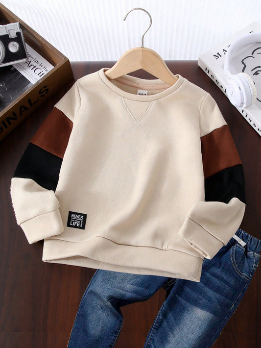 1pc Young Boys' Casual And Cute Patchwork Knitted Sleeve Round Neck Long Sleeve Sweatshirt, Suitable For Traveling, School, Parties And Autumn/Winter Seasons