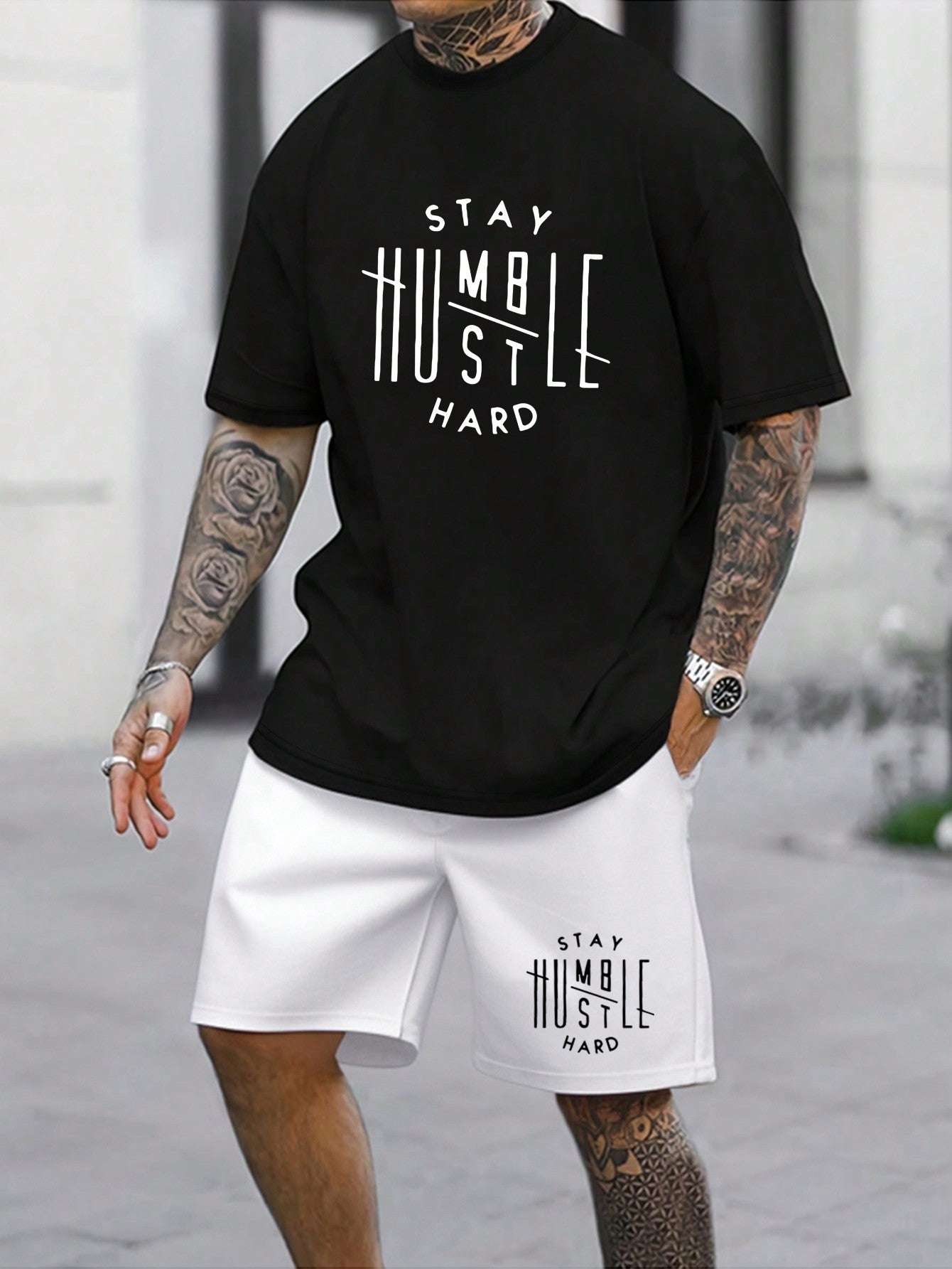 Men's Letter Printed T-Shirt And Drawstring Waist Shorts Set