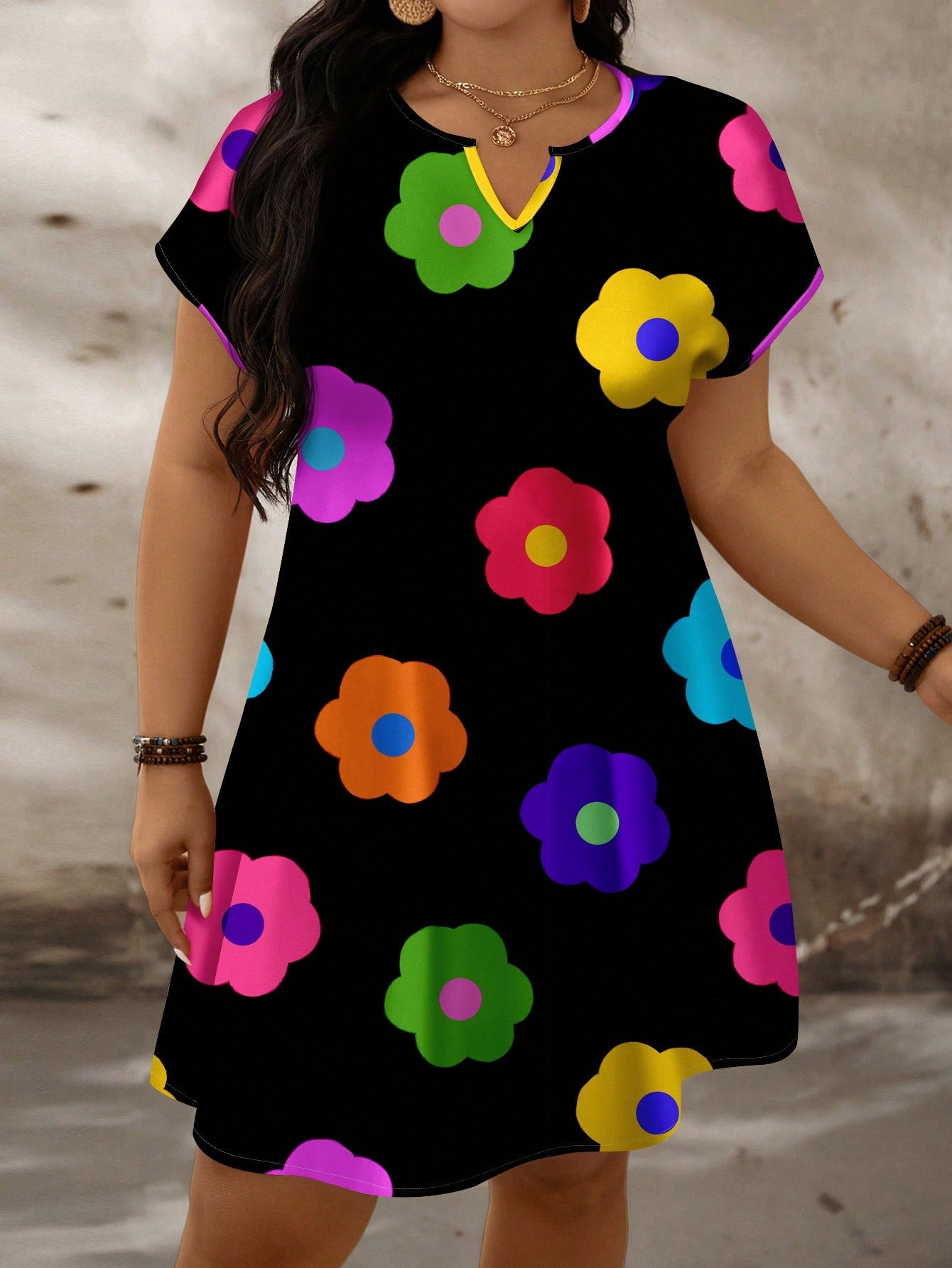 Plus Size Floral Notch V-Neck Batwing Sleeve Summer Dress