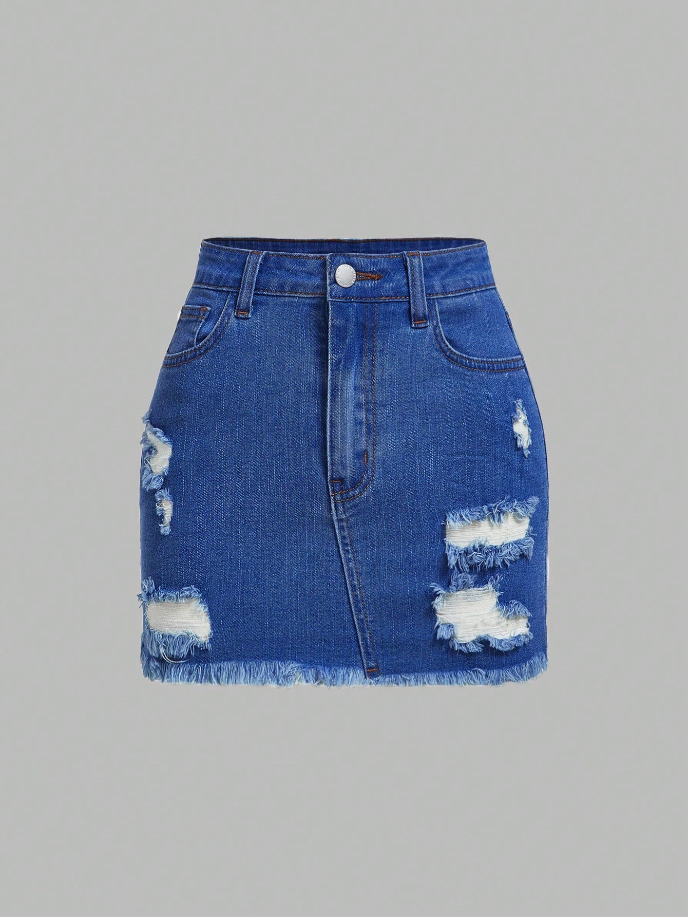 Plus Size Summer Casual Denim Skirt With Distressed And Frayed Edges