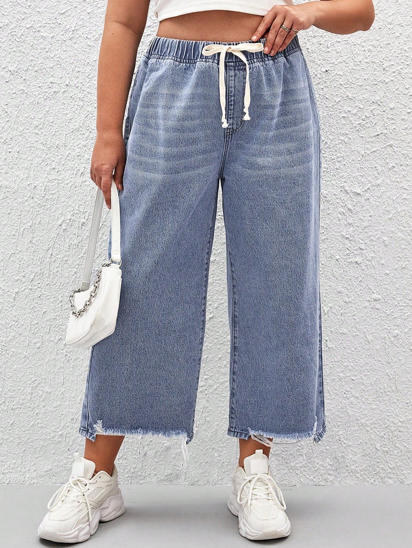 Plus Drawstring Waist Raw Cut Wide Leg Jeans