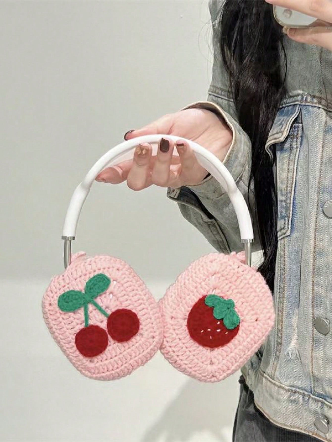 Knitted Headphone Cover For Airpods Max With Cute Pink Cherry Strawberry Design, Inspired By Korean Ins Bloggers, Protects Against Scratch And Impact