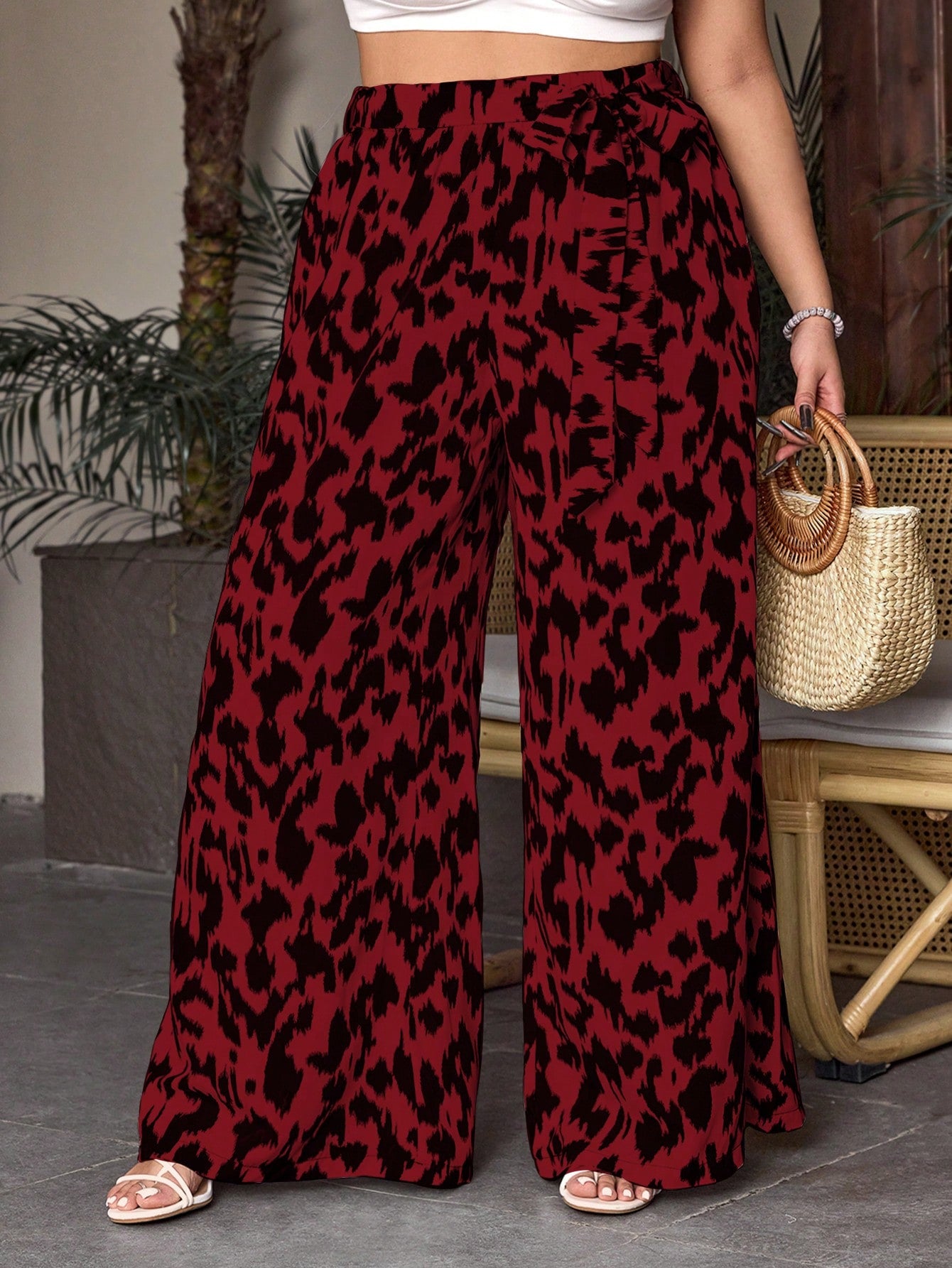 Plus Size Full-Length Printed Paper Bag Waist Wide Leg Summer Pants