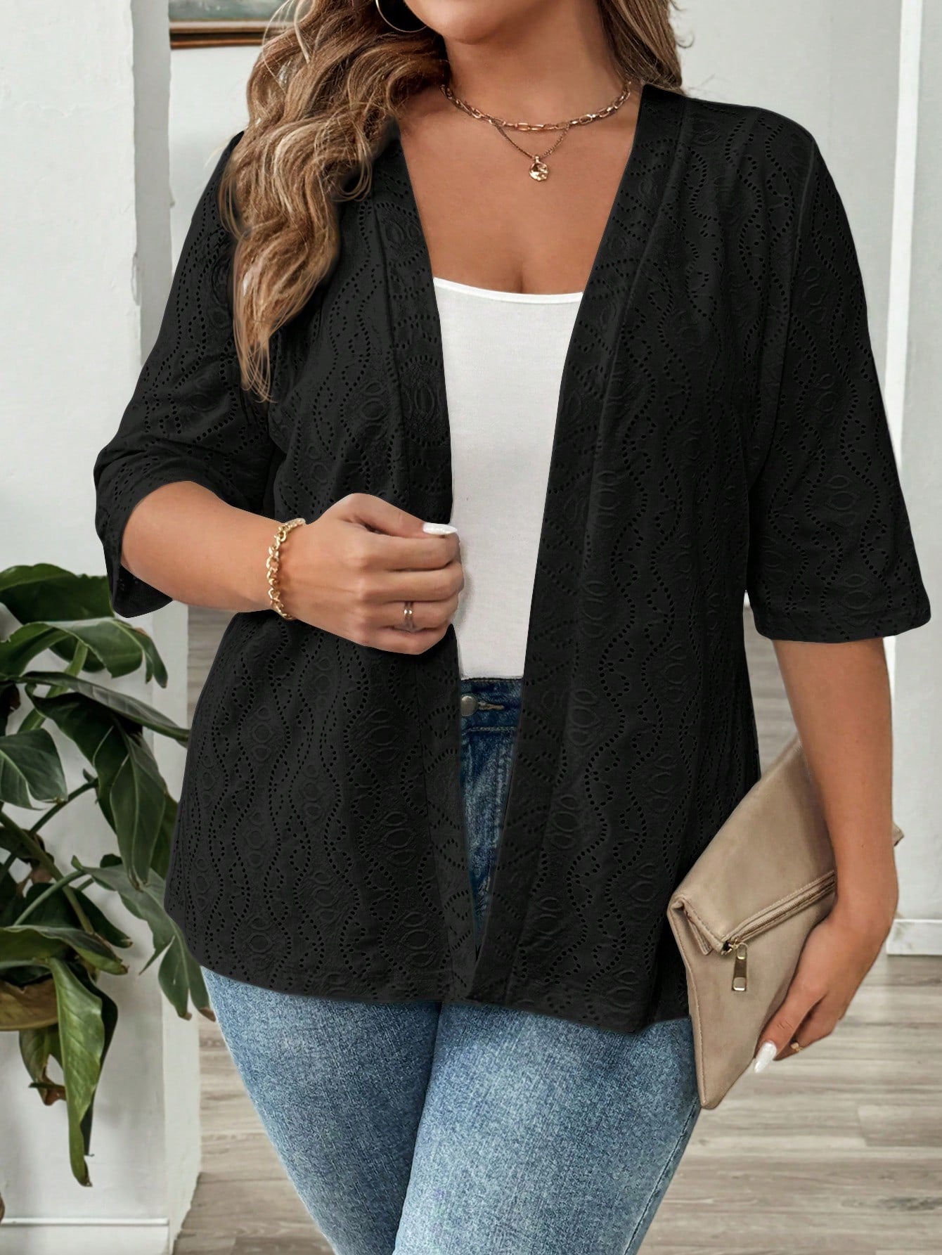 Plus Size Women's Summer Solid Color Short Sleeve Open-Front Casual Jacket