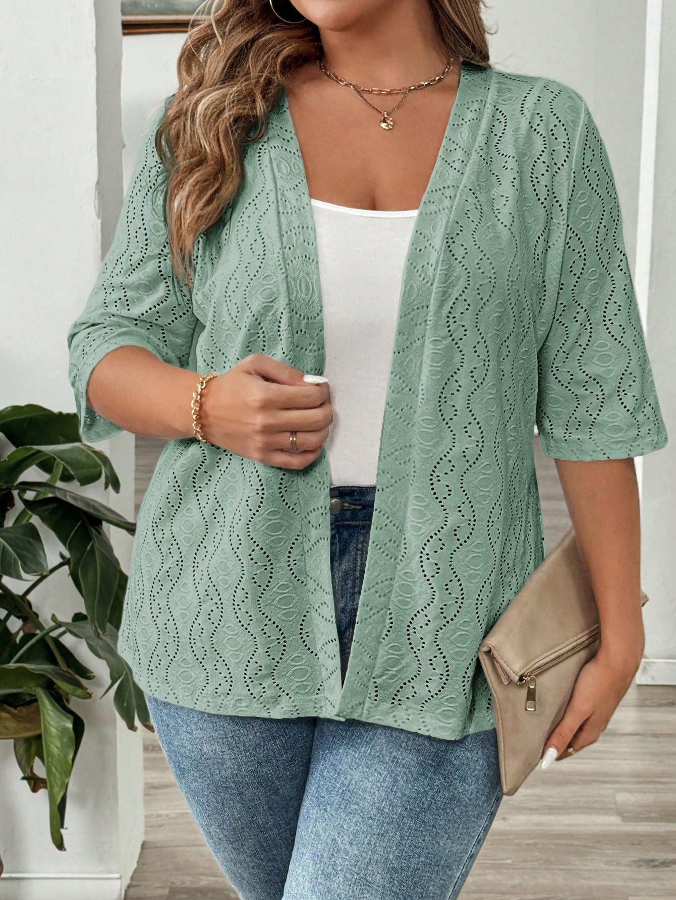 Plus Size Women's Summer Solid Color Short Sleeve Open-Front Casual Jacket