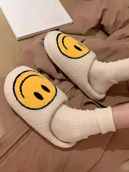 Women's Casual Winter Indoor Slippers With Smile Face Design - Comfortable And Simple Bedroom House Warm-One-Piece Couple Slippers