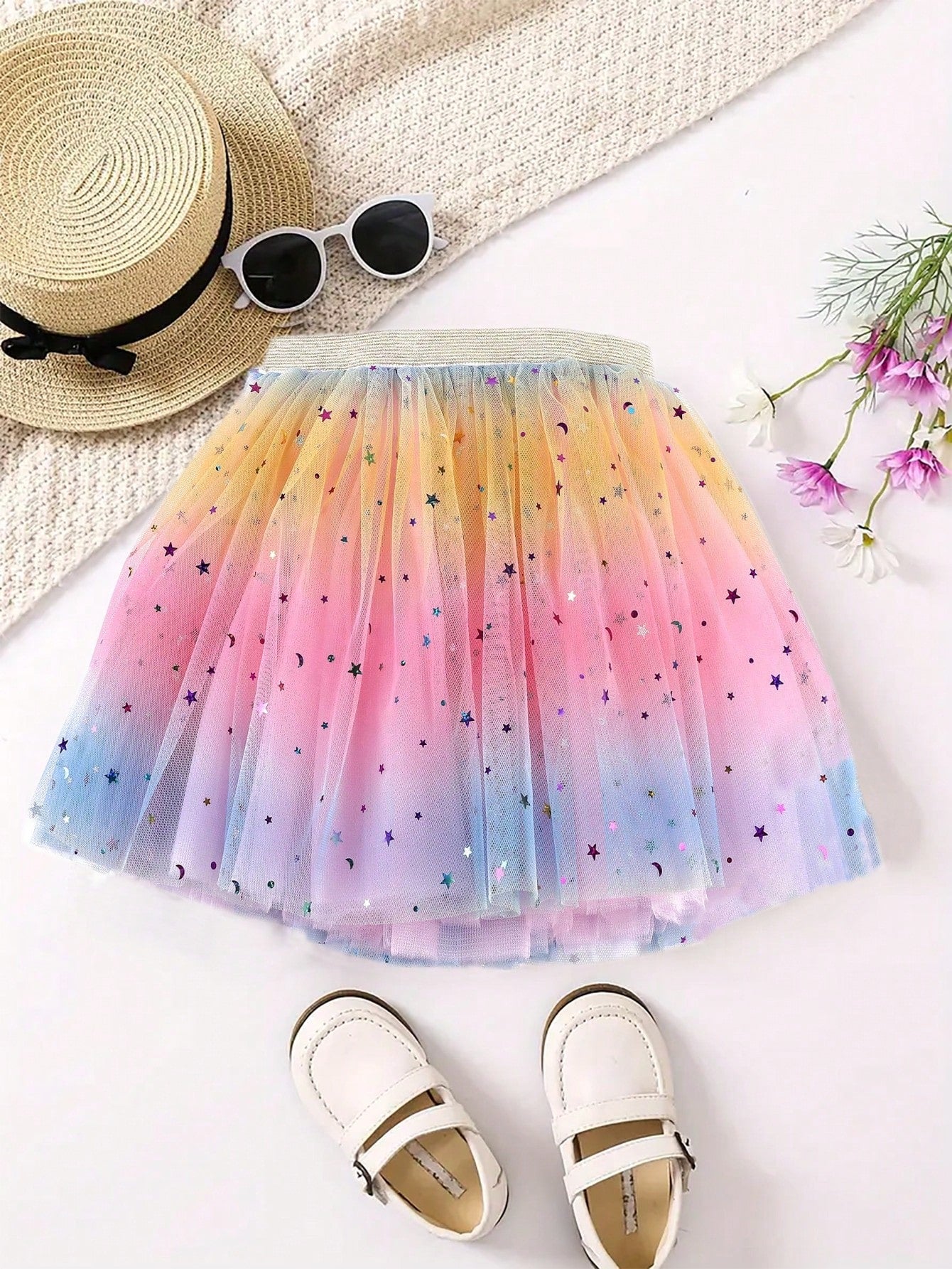 Young Girls' Gradient Mesh Skirt With Moon, Star & Glitter Sequins For Dance, Festival Performance Dress-Up