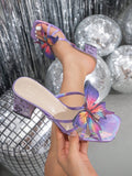Women's High Heel Open Toe Sandals For Spring/Summer Outdoor Nightlife; Fashionable And High-End With Chunky Heel, Square Toe, Shiny Metallic Material, 3D Holographic Butterfly & Flower Design; Sexy Bare Strap And Elegant Purple Color