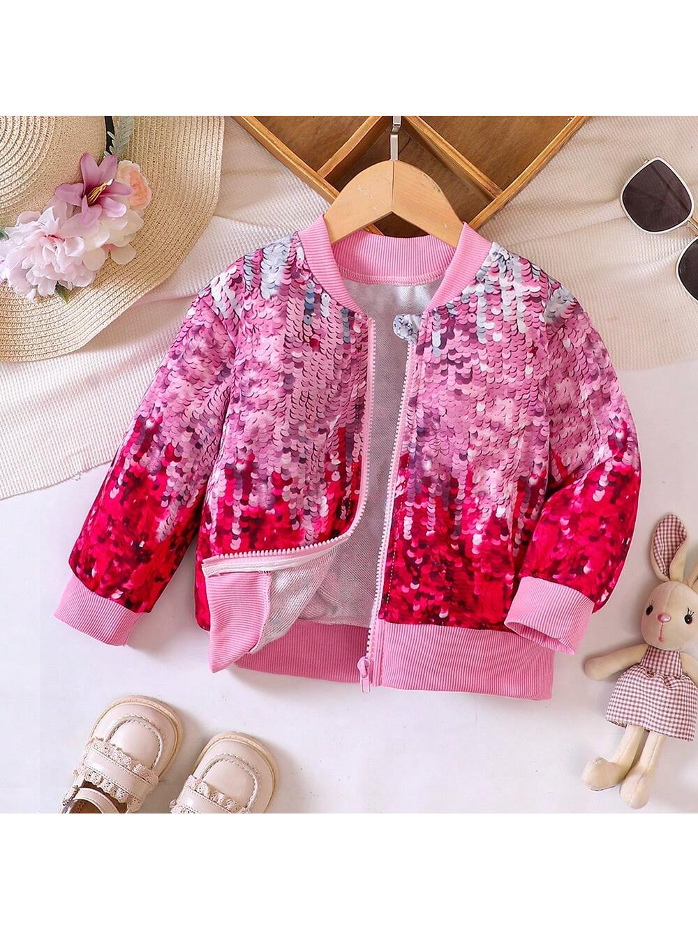 Girls' Sequins Print Long Sleeve Casual Zipper Jacket, Spring & Autumn