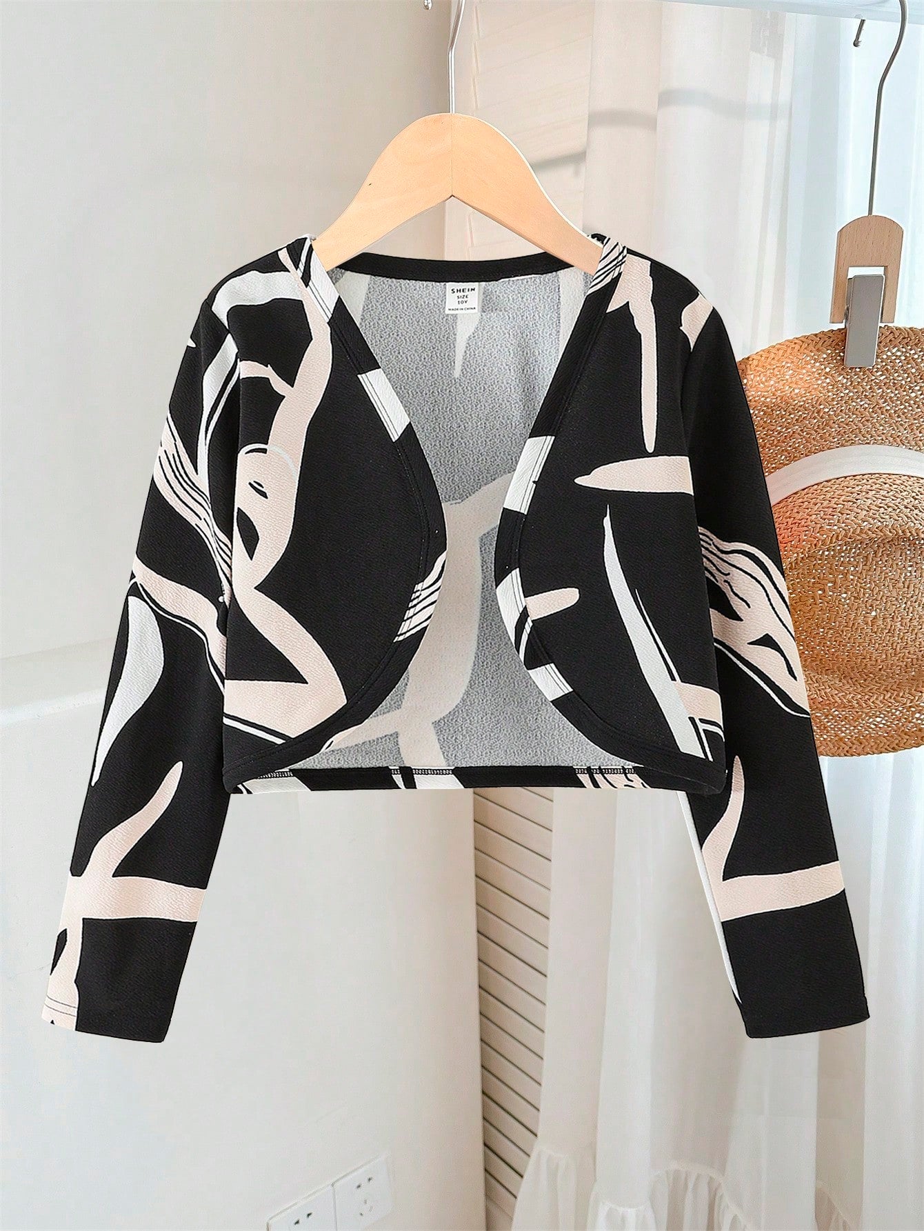 Tween Girl  Casual Geometric Print Cropped Open Front Jacket With Long Sleeves