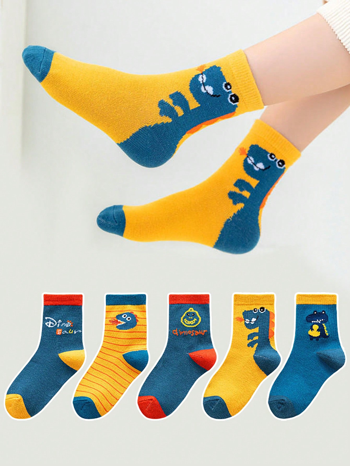 5 Pairs Cartoon Neck Dinosaur Design Children's Socks, Mid-Calf, For Spring And Autumn